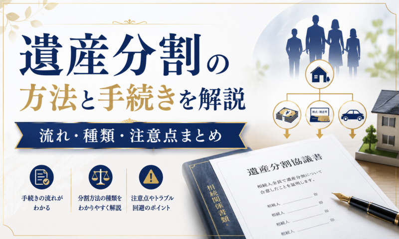 遺産分割の方法と手続きを解説する記事のアイキャッチ画像。遺産分割協議書、家、現金、自動車など相続財産のイメージが配置されている。